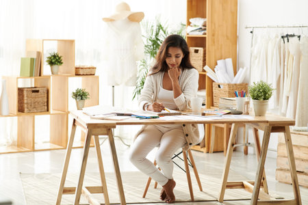 Beautiful woman concentrated on work in her design studio