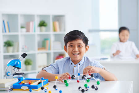 Portrait of Vietnamese schoolboy sitting in chemistry classの写真素材