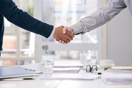 Shaking hands of two business partners, side view