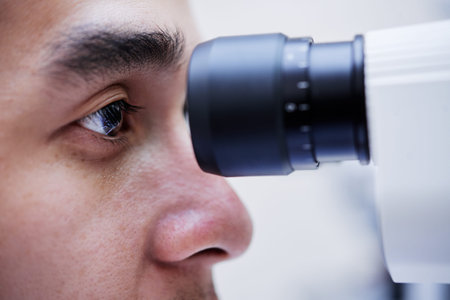 Close-up image of man having annual eyesight examinationの写真素材