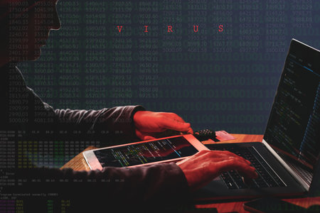 Unrecognizable internet criminal attacking database firewall on laptop with computer virus