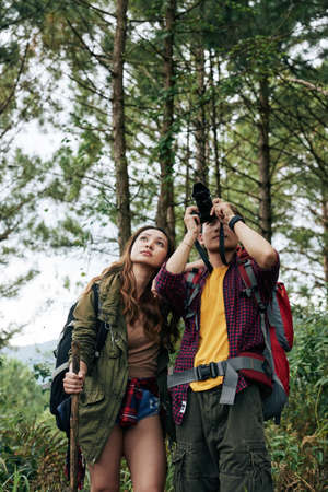 Asian young travelers walking in forest and taking photosの写真素材