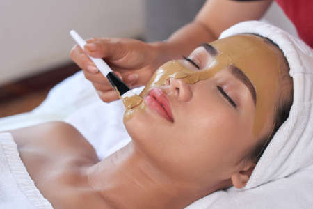 Highly professional beautician applying clay on face of her attractive Asian client lying on treatment table with closed eyes, portrait shotの写真素材