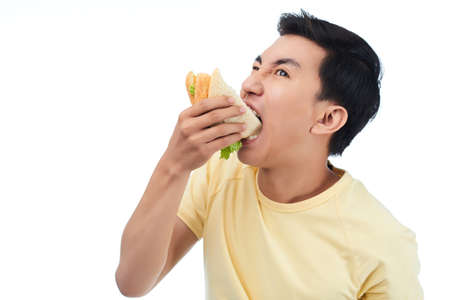 Young Vietnamese man devouring sandwich for lunchの写真素材