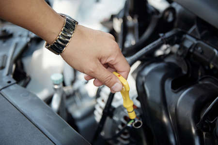 Car mechanic checking oil level in car engineの写真素材