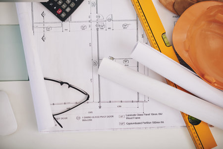 Blueprint of a plan and instruments, construction concept