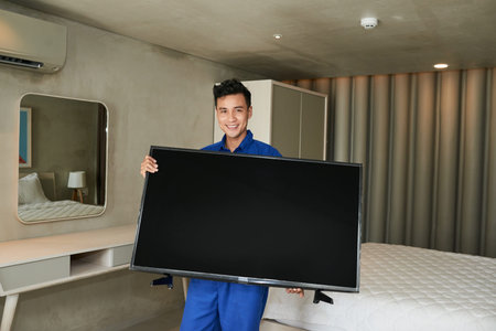 Technician with tv set