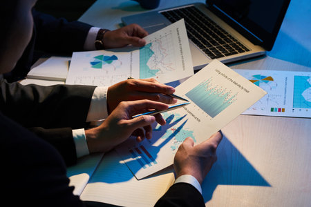 Two entrerpeneurs analyzing visiting activity of websiteの写真素材