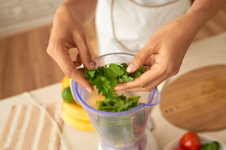 Close-up shot of unrecognizable woman putting mint into blender while preparing healthy smoothie at...