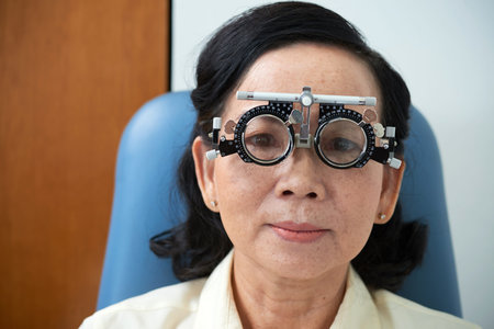 Headshot of mature serious Asian woman in special diagnostic glasses with trial lens in cabinet of...