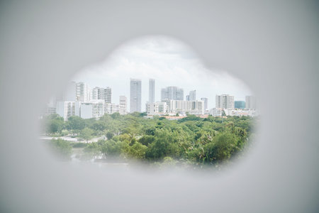 Blur silhouette of cutout cloud in paper with view of park and cityscape in summertime