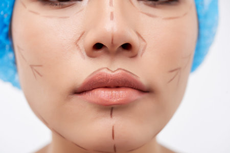 Close-up face of young Asian woman with drawings on face prepared for decorative surgery