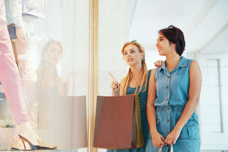 Young women in denim dresses and with paper bags watching window case of shop standing outdoorsの写真素材