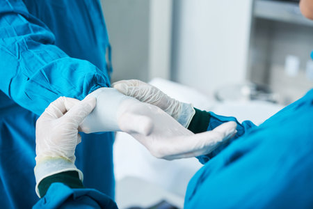 Unrecognizable surgical assistant helping surgeon to put on latex gloves while standing in operating...