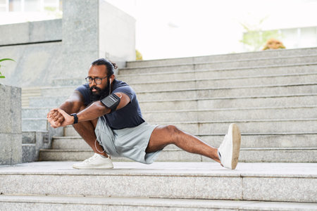 Athletic bearded Indian man in glasses doing stretching exercises on concrete  steps outdoors and listening to music before runningの写真素材