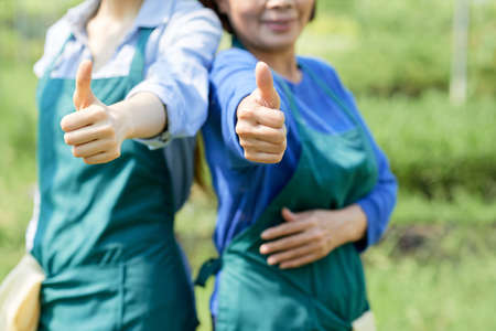 Two female gardeners wearing aprons showing thumbs up outdoorsの写真素材