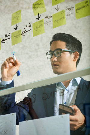 Project manager drawing steps of development on glass wall in office