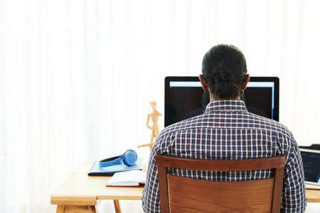 Rear view of young man sitting on chair in front of computer and looking at computer monitor at homeの写真素材