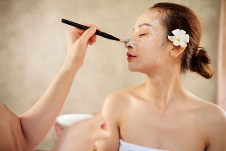 Beautician applying creamy face mask on face of beautiful Vietnamese womanの写真素材