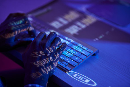 Close-up of programmer typing on computer keyboard and working with new software while sitting at...