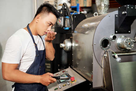 Asian young man standing and smelling coffee beans in his hand while standing near the special equipment during his work on coffee factoryの写真素材
