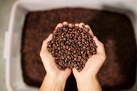 Close-up of aromatic coffee beans in male hands taking from container during production in coffee factoryの写真素材