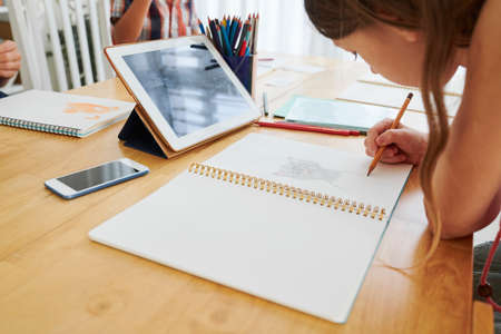 Schoolgirl drawing cat with pencils in album at art class in schoolの写真素材