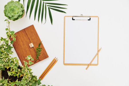 Image of clipboard with blank sheet of paper prepared for writing with green plants around on white...