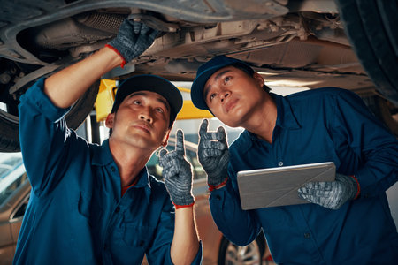 Serious Vietnamee car service workers with digital tablet discussing problems with front suspension