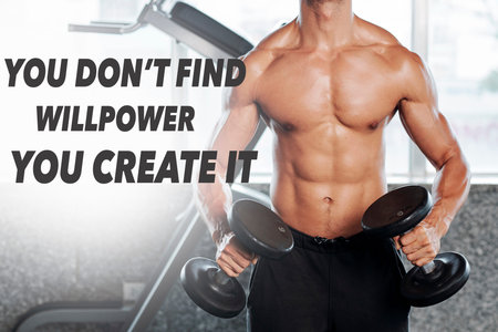 Muscular shirtless body of sportsman working out with heavy dumbbells, you do not find willpower you...