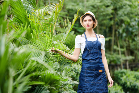 Serious pretty young female worker in denim apron and hat walking in tropical garden and checking plansの写真素材