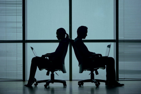 Silhouettes of two business people sitting back to back in office chairs against big panoramic...