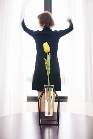 Test-tube looking vase with beautiful yellow tulip and woman opening curtains in backgroundの写真素材