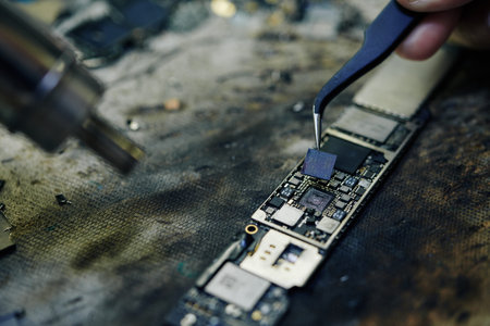 Repairman taking small parts of logic board with tweezers when fixing problem
