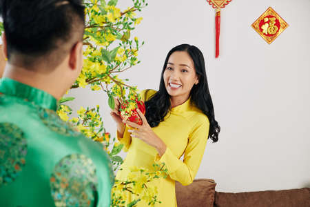 Pretty young Aisan woman in traditional dress decorating house for Lunar New Year celebration with her husbandの写真素材