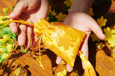 Chinese New Year celebration guest giving small golden textile bag with good with best wishes inscriptionの写真素材