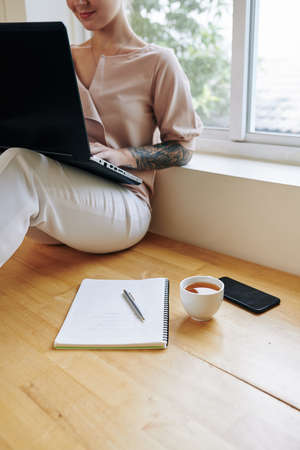 Unrecognizable woman sitting against window working on her laptop at home using Internetの写真素材