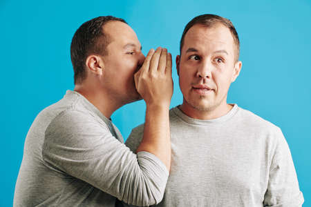 Horizontal chest up portrait of young adult man telling his secret to his twin brother, blue backgroundの写真素材