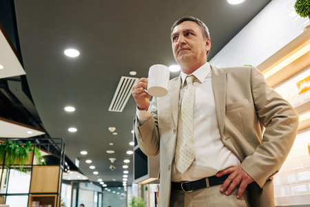 Serious pensive mature entrepreneur standing in office with big mug when having coffee break