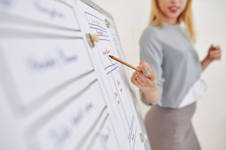 Female UI designer showing mobile application mockup on whiteboard at meeting