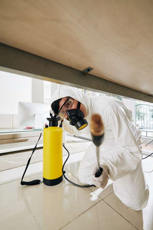 Cleaning service worker in hazmat suit spraying every corner in house with disinfectantの写真素材