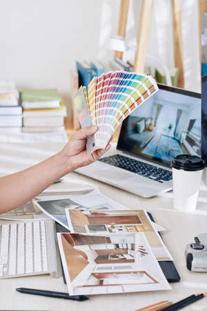 Interior designer choosing color palette for new project and looking at printed photos of roomsの写真素材