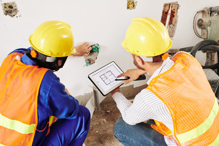 Builders checking plan of apartment when installing pipes in kitchen or bathroom