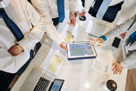 Business people discussing marketing plan and strategy of work after pandemic crisisの写真素材