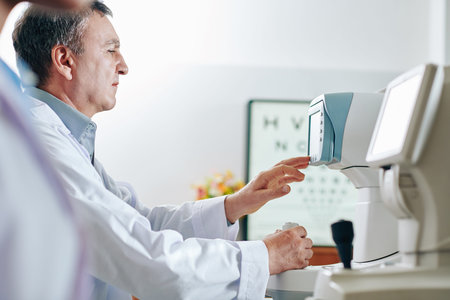 Concentrated low vision specialist working on modern equipment in his office