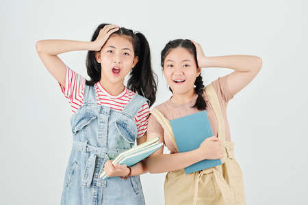 Vietnamese schoolgirls shocked with ammount of homework they need to doの写真素材