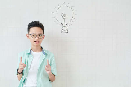 Vietnamese school student standing at whiteboard with light bulb drawing and pointing up with index fingersの写真素材