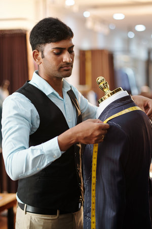 Indian tailor measuring distance between shoulders of suit jacket he is making for client