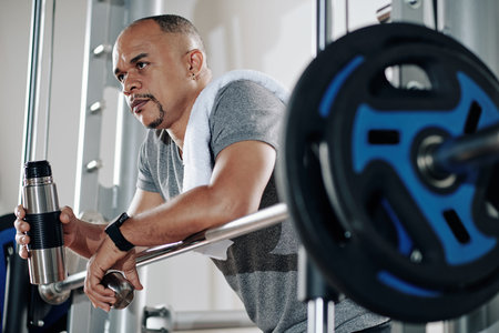 Pensive serious mature man with bottle in hands leaning on barbell in Smith machine when resting...