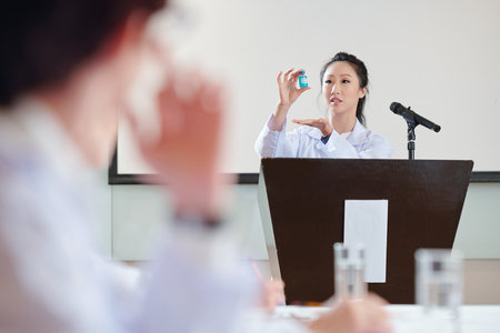 Chinese scientist speaking about coronavirus vaccineの写真素材